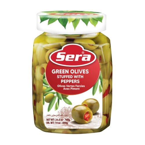 SERA GREEN OLIVES STUFFED W RED PEPPER 750ML